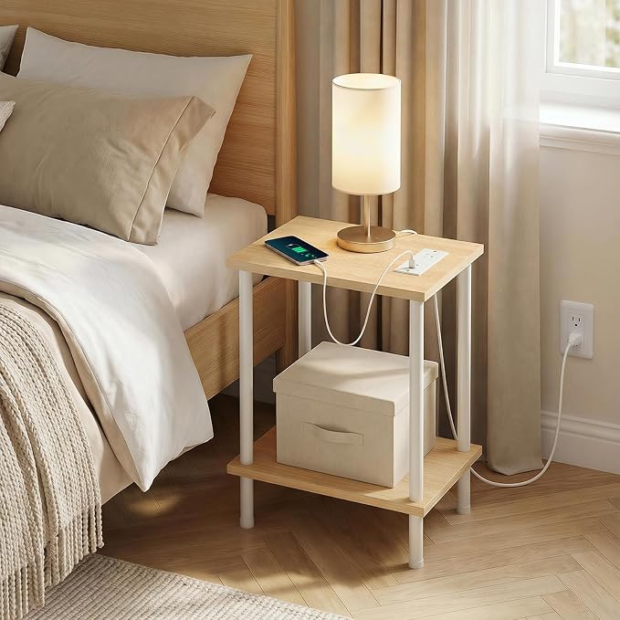 HOOBRO Side Table with Charging Station, Nightstand with 2-Layer Storage Shelves - Image 4