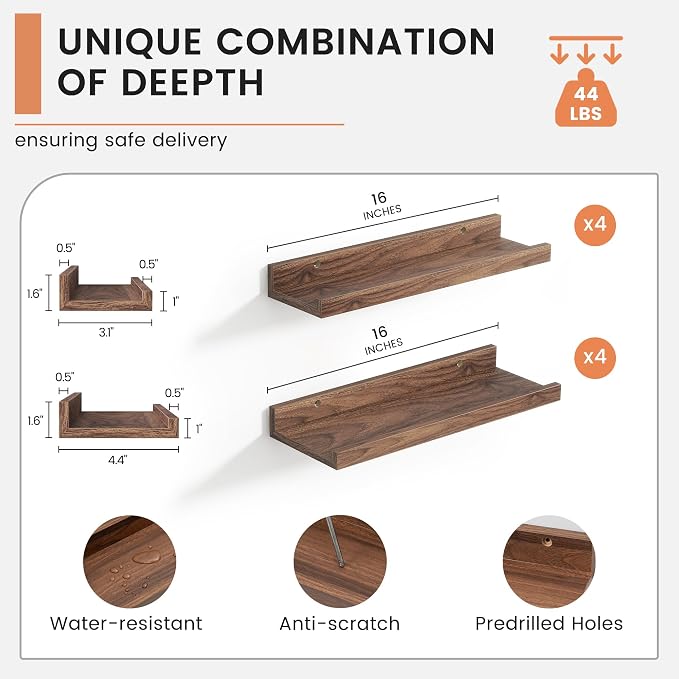 Floating Picture Ledge Shelves Set of 8, 16 Inch Shelves - Image 3
