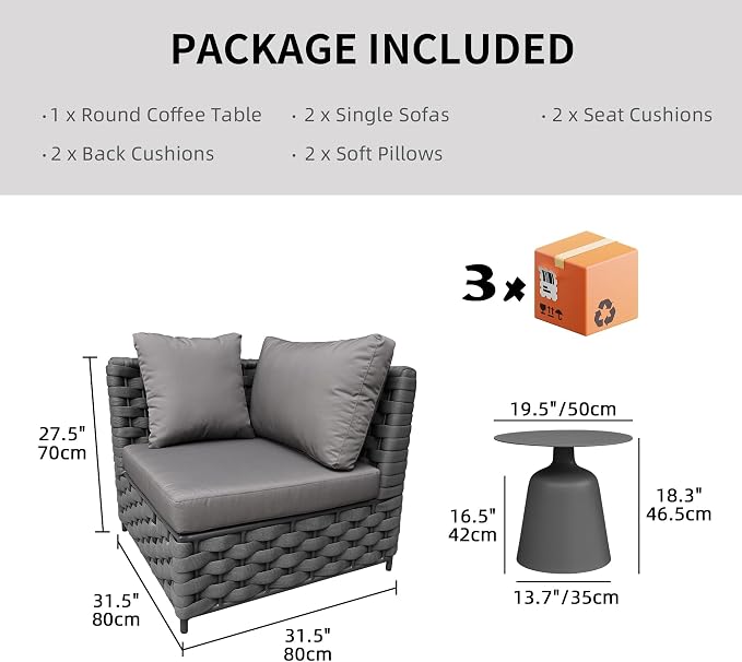 TWT 3-Piece Woven Rope Patio Furniture Set, 2 Outdoor Armchairs - Image 2