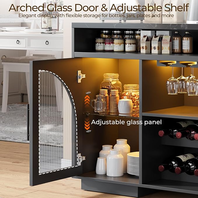 Wine Bar Cabinet 54", Arched Glass Doors, Wine Rack, Adjustable Shelves - Image 4