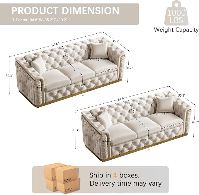 Luxury Chesterfield Sofa Set of 2, Velvet Tufted Couch Victorian Black and Gold - Image 2