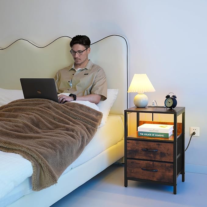 Yoobure Nightstand with Charging Station, LED Night Stand with Fabric Drawers - Image 2