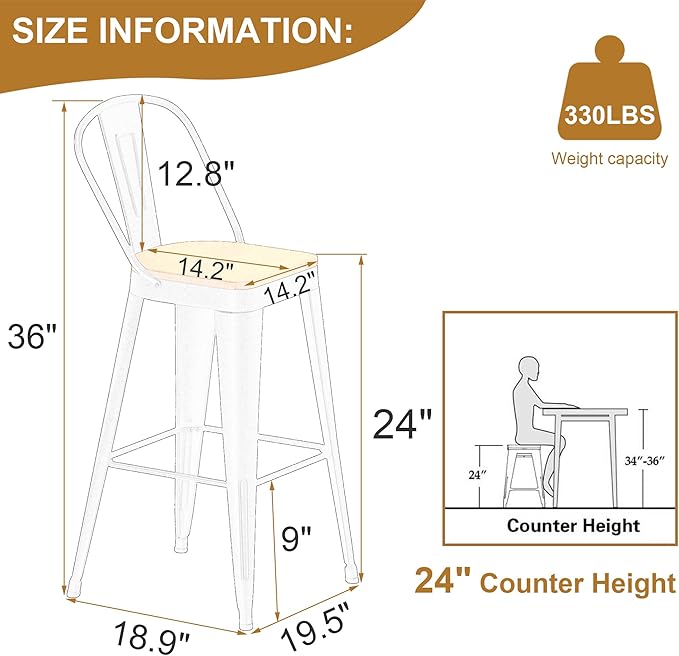 Andeworld Metal Bar Stools Set of 2, 24 inch Counter Height Barstools - Image 2