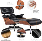 Top Black Grain Leather, Mid Century Chaise Lounge Chair and Ottoman, Accent - Image 6