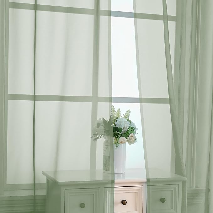 Light Green Sheer Curtains 63 inch Length 2 Panels Set - Image 3