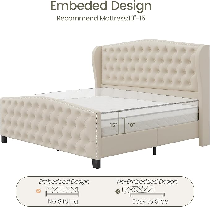 LARMACE King Size Bed Frame Velvet Upholstered Platform Bed - Image 8