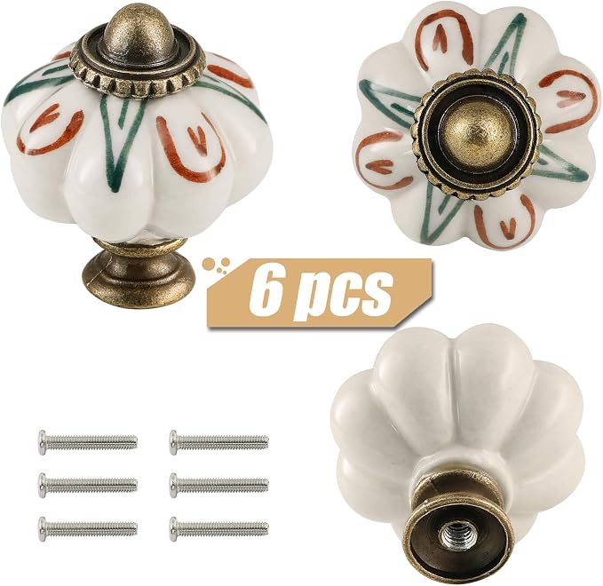 Ivory Pumpkin Knobs 6 Pack Ceramic Cabinet Knobs Vintage Drawer Pulls - Image 2