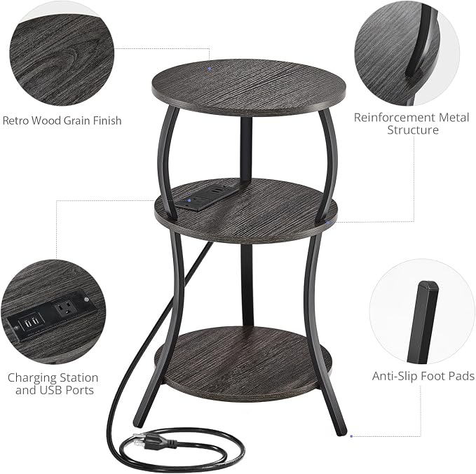 Small Round Side Table with Charging Station, 3-Tier Waist Circular End Table - Image 6