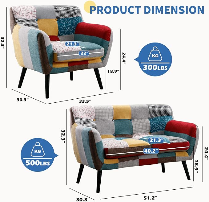 Bonzy Home Modern Colorful 3 Piece Coroful Fabric Sofa Set, Included Accent - Image 2