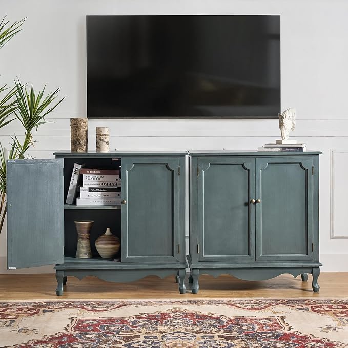 Solid Wood Sideboard with Adjustable Feet, 2 Shelves Storage Accent Cabinet - Image 9