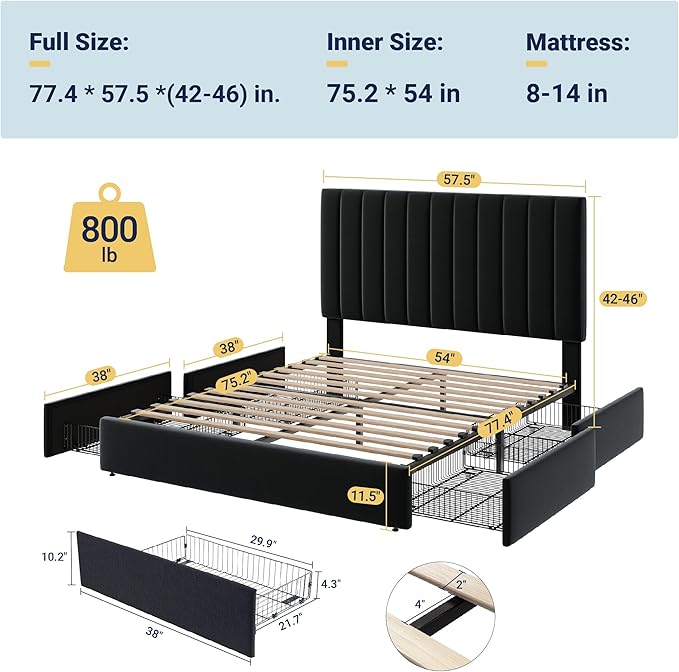 Allewie Full Size Storage Bed Frame, Vertical Channel Tufted Adjustable - Image 2