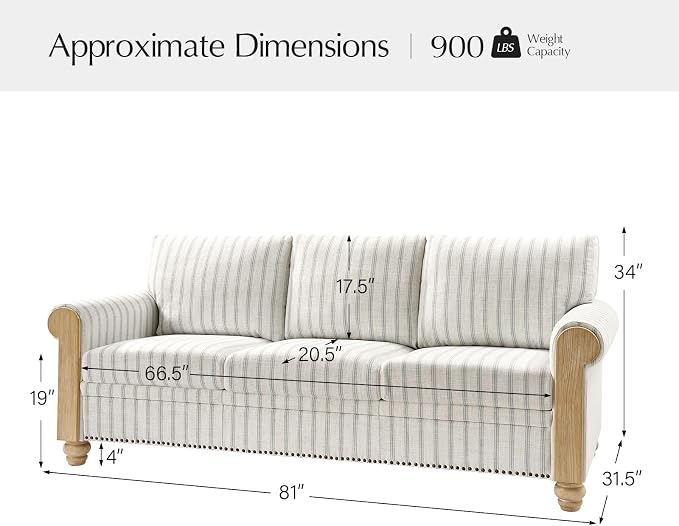 EcoHarbor Living 3-Seater Couch, Stripe 81" Mid-Century Modern Upholstered Sofa - Image 2