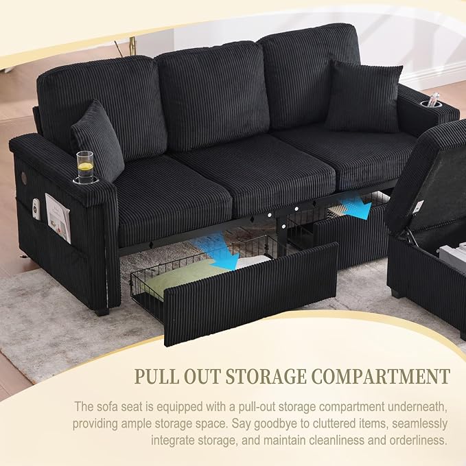 L-Shaped Sectional Sofa with Storage & Movable Ottoman, Corduroy 3 Seater - Image 4