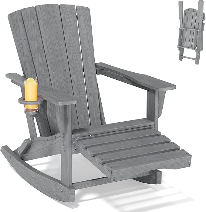 Adirondack Rocking Chair with Retractable Ottoman, Outdoor Folding Adirondack by Unknown