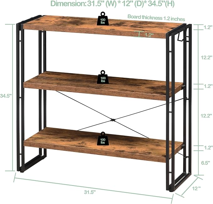 HCHQHS Bookshelf, 3-Tier Industrial Bookcase, Rustic Open Book Shelf, - Image 3