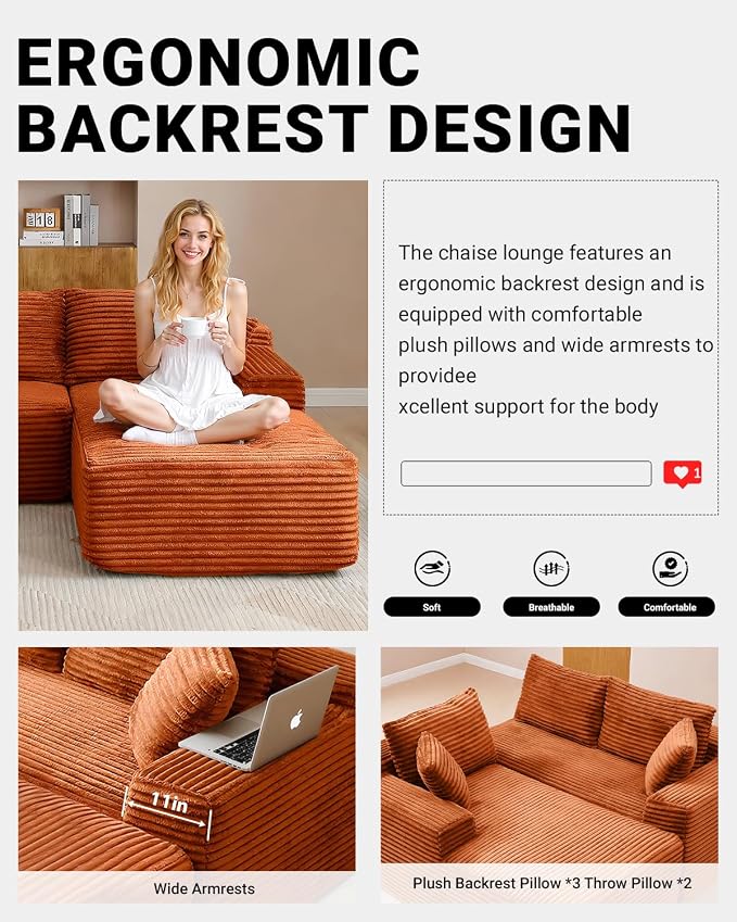 108" Cloud Sectional Couch, Modern Modular Sectional Sofa - Image 6