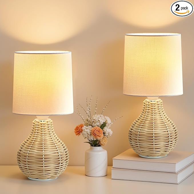EJIAXIN Rattan Table Lamp Boho Lamps Set of 2-12.5" Mini Farmhouse Wicker Light by WelcometoEJIAXIN