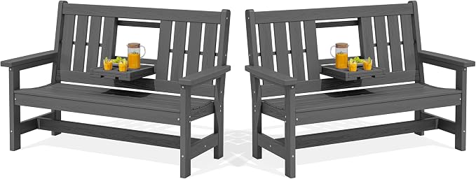 SERWALL Outdoor Bench with Cup Holder, Oversized 58" HDPE Porch Bench Suitable by SERWALL