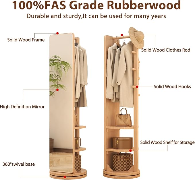 WoodsWhisper Full Length Mirror Coat Rack Solid Wood Floor Mirror 70"x16" Full - Image 3