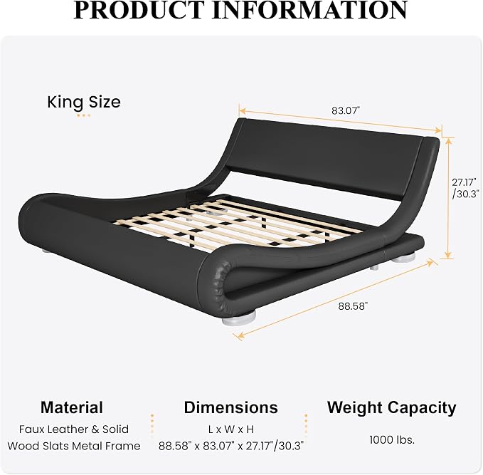 SHA CERLIN King Size Upholstered Bed Frame, Deluxe Low Profile Sleigh Bed - Image 2