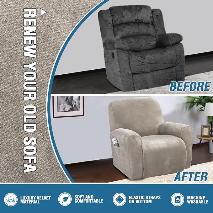 H.VERSAILTEX Velvet Stretch Recliner Couch Covers 4-Pieces Style Recliner Chair - Image 5
