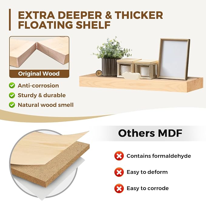 24x8x1.6 inch Floating Shelves Set of 2 – Solid Wood Rustic Wood Wall Mounted - Image 4