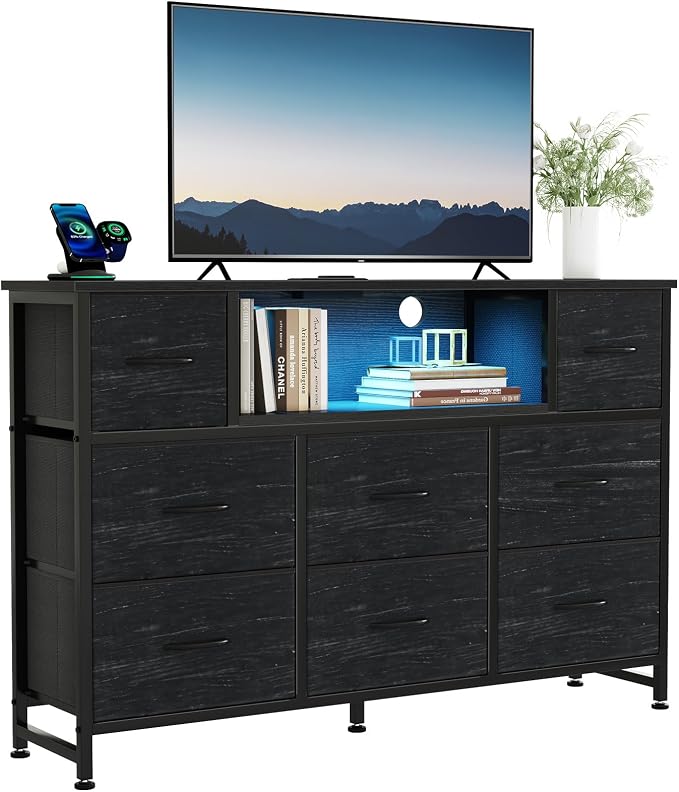 DUMOS TV Stand Dresser with 8 Fabric Drawers and Open Shelves, LED by DumosLifestyle