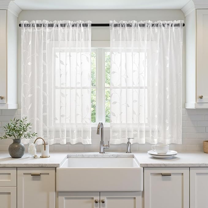 MIULEE White Sheer Curtains 2 Panels Embroidered Leaf Patterned, W52 x L54 | - Image 2