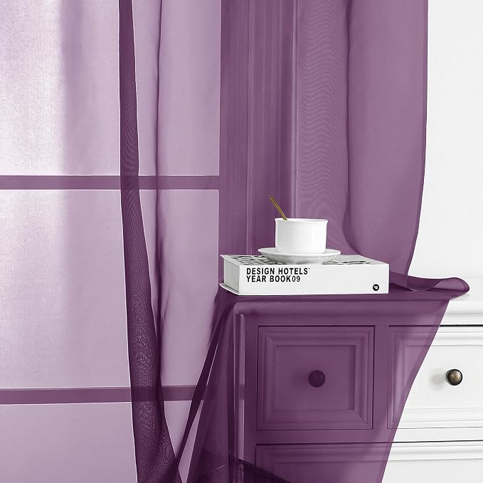 Chyhomenyc Sheer Curtains 63 Inch Length 2 Panels, Plum | Light Filtering - Image 9
