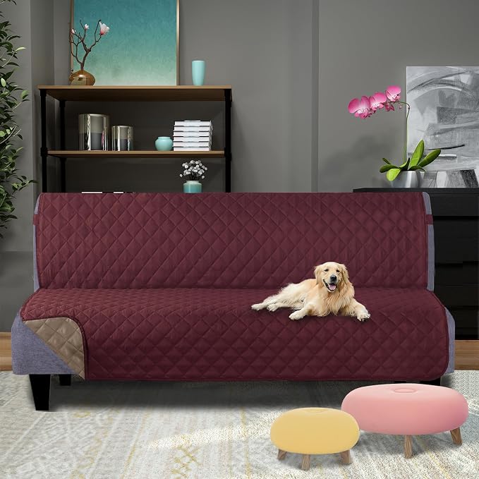 U-NICE HOME Futon Sofa Covers 68''Armless Couch Cover, Burgundy/Tan | Washable - Image 2