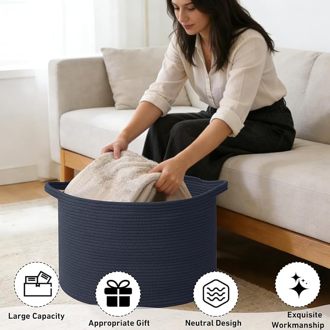 65L Large Blanket Basket, Woven Rope Laundry Basket Hamper - Image 4