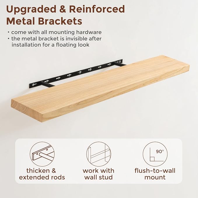 fuqing 40 Inch Floating Shelves | 6.7 Inch Deep Natural Wood Shelves Set of 2 | - Image 5
