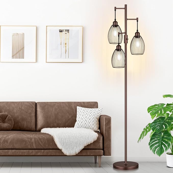 Torondo Dimmable Farmhouse Industrial Floor Lamp, Matte Brown Tree Standing - Image 5