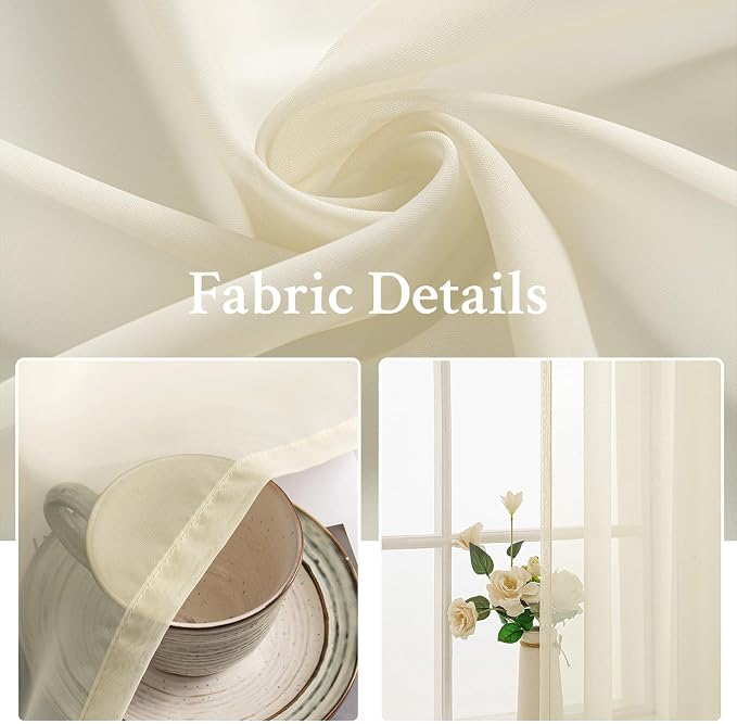 MIULEE Light Cream Sheer Curtains 54 X 84 Inches, 2 Panels | Solid Color - Image 3