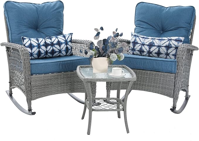 Patio Furniture Set 3 Pieces, Wicker Rocking Bistro Set by VonzoyHome