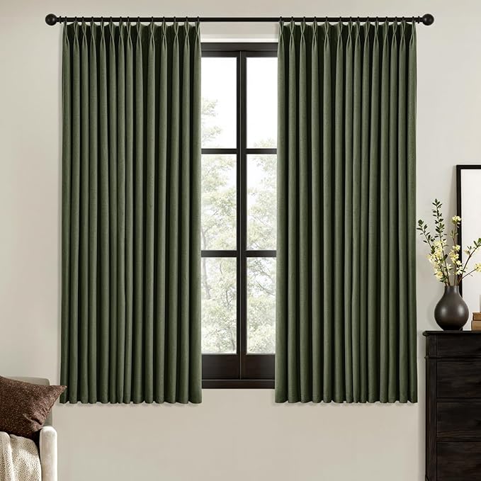 MIULEE Olive Green Pinch Pleated 100% Blackout Linen Curtains 40x63 Inches | by MIULEE