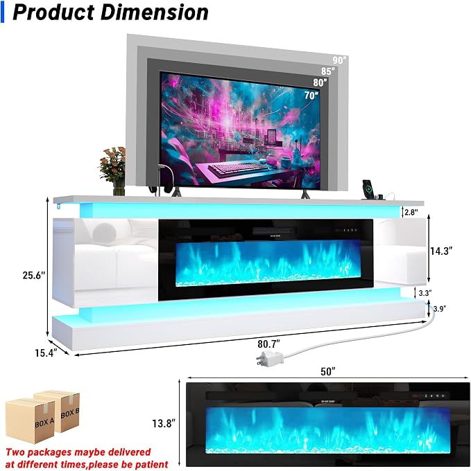 chartustriable 81IN LED TV Stands w/50 inch Fireplace Power Outlet - Image 2