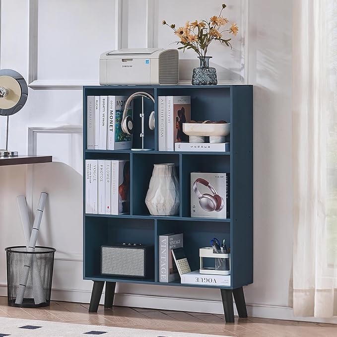 LEYAOYAO Cube Bookshelf 3 Tier Mid-Century Rustic Dark Blue Modern Bookcase by LEYAOYAO-Findtheshiningpointofyourideallife%EF%BC%81