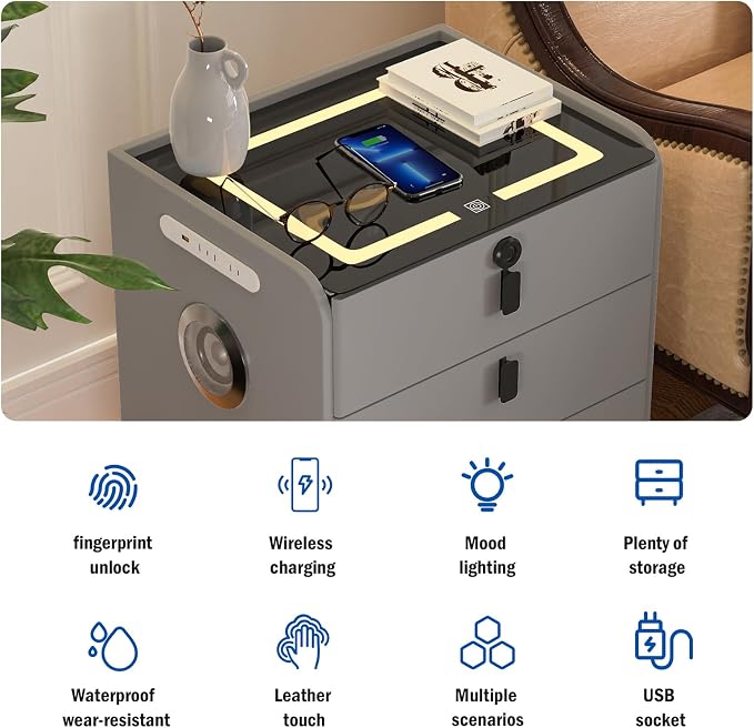 Smart Nightstand with Fingerprint Lock Drawer, Nightstand with Wireless Charging - Image 9