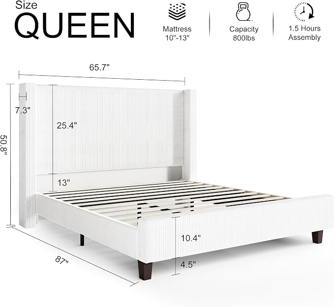 HOWE Queen Size Bed Frame with 50.8" Tall Wingback Headboard, Modern Corduroy - Image 2