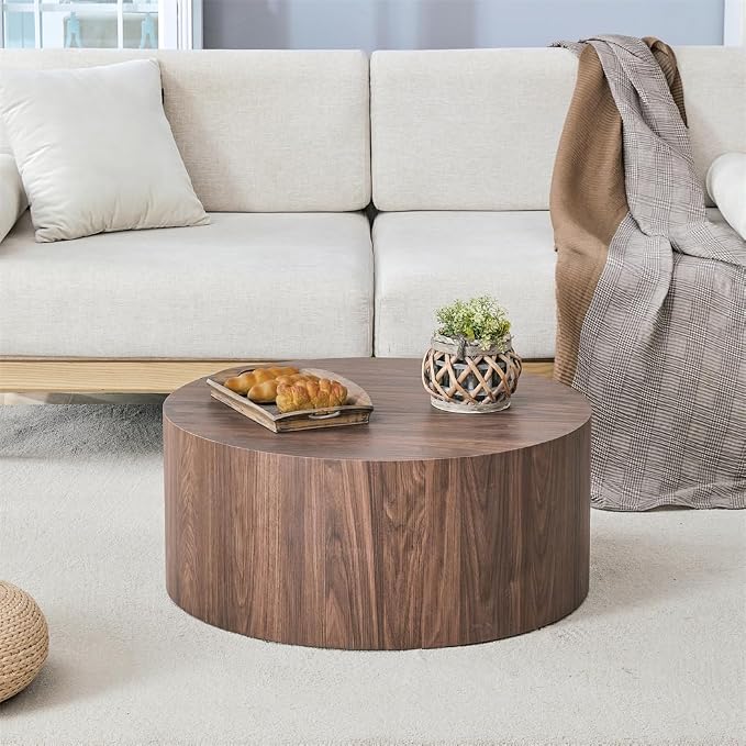 Round Coffee Table, 23.6" Modern Wood Drum Coffee Table, Round Accent Center - Image 7