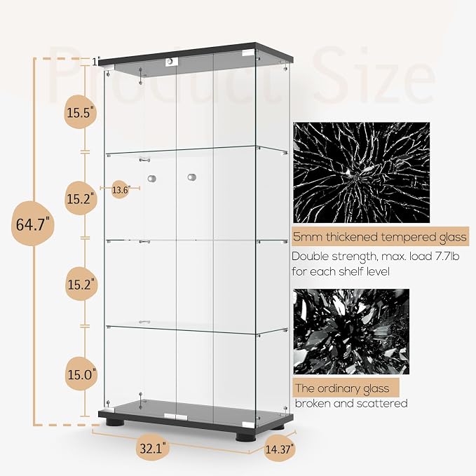 Display Cabinet with Glass Door and Lock, 4-Shelf Fast Installation in 30 Mins - Image 2
