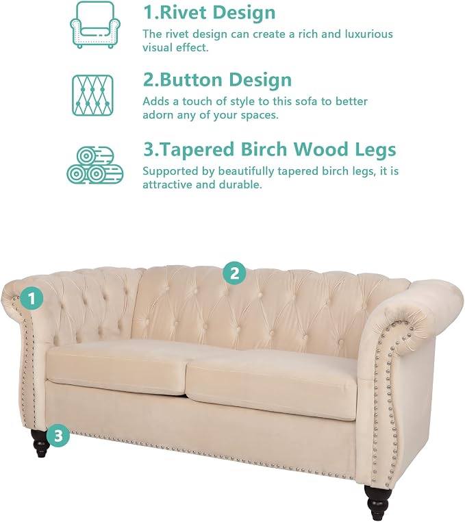 Chesterfield Loveseat Sofa, Modern Velvet Small Sofa Couch 2 Seater - Image 5