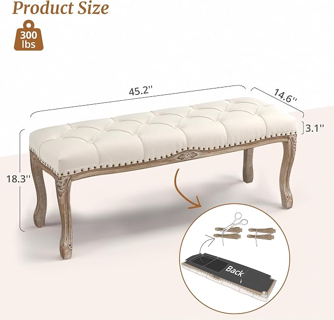 Cozyman Bedroom Bench, French Vintage Tufted Entryway Bench, 45.2" Carving - Image 3