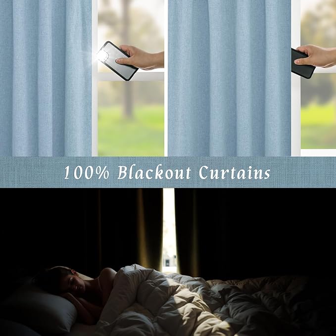 100% Blackout Stone Blue Linen Curtains 63 Inches - Image 3