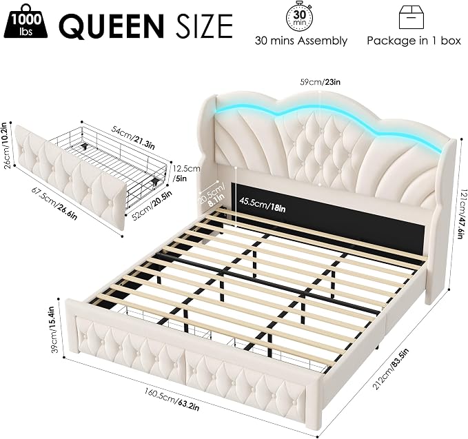 Keyluv Queen Bed Frame with LED Lights and 2 Storage Drawers, Velvet - Image 2