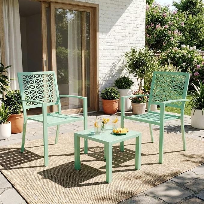 GarveeTech 3 PCS Outdoor Bistro Set, Stackable Modern Metal Steel Table and by GarveeTech