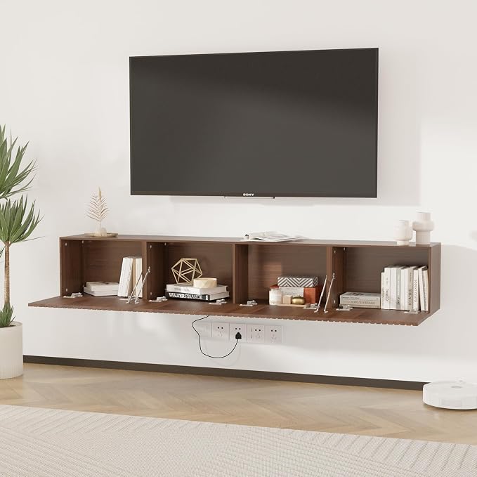 71” Floating TV Stand with LED Lights & Charging Station, Wall Mounted - Image 6