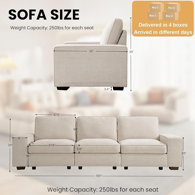 TEKAMON 100" Modular Sofa with Seats Storage, Comfy 3-Seater Chenille Fabric - Image 2