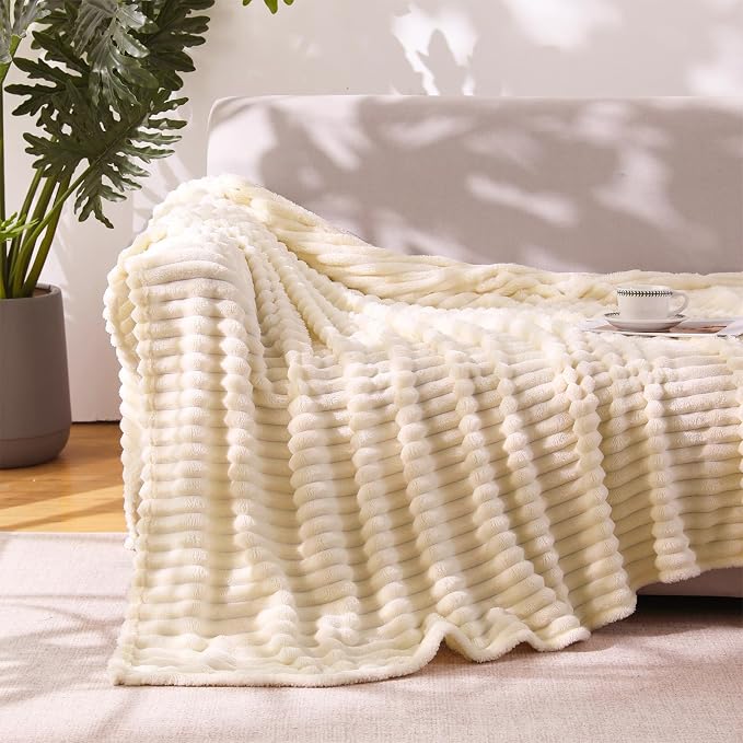 Beige Throw Blanket for Couch Sofa 50”x60” Striped Design | Fleece Blankets - Image 4